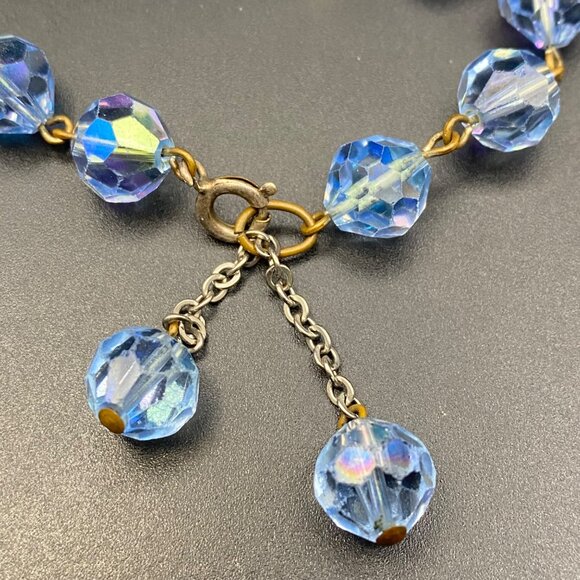 Vintage AB Blue Crystal Bead Bracelet Gold-Tone Chain 7.5" Spring Ring Dangle - Picture 2 of 8